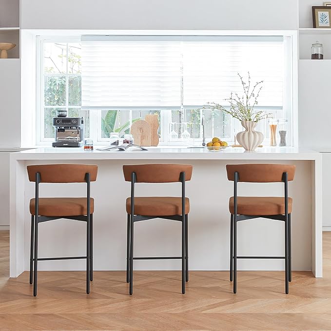 Brown Modern Bar Stools Set of 3, 24 Inch Faux Leather Counter Stools with Curved Backrest, Counter Height Bar Stool for Kitchen Island