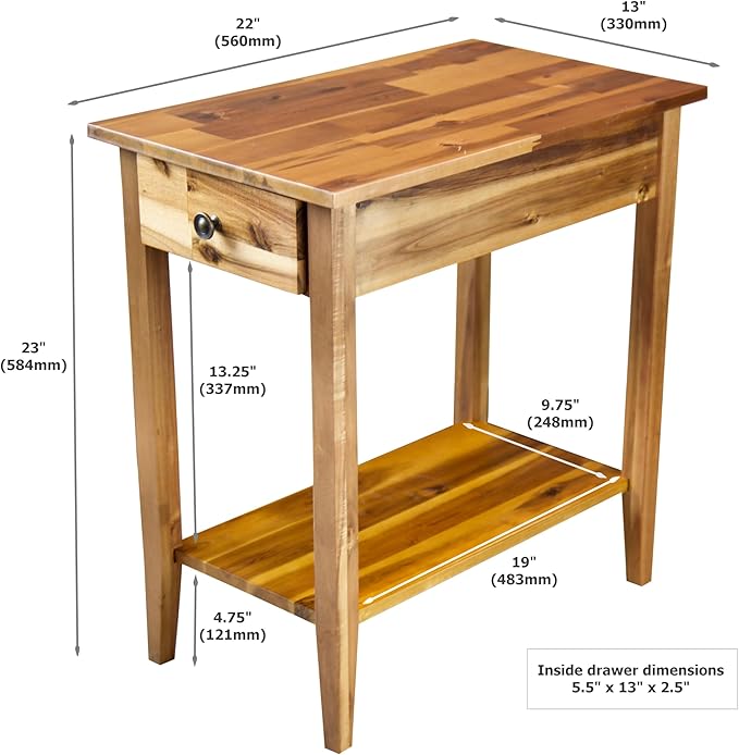 2-Tier Solid Acacia Recliner Table w/Drawer