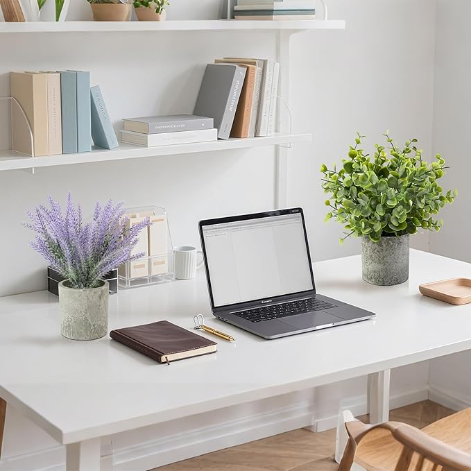 ALAGIRLS 4 Packs Fake Plants Small Artificial Plants for Shelf Lavender Flowers Eucalyptus Succulents Plants Potted Faux Plants for Home Indoor Office Bathroom Living Room Decor