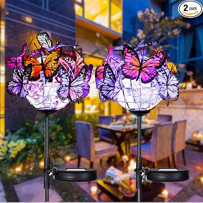Outdoor Solar Lights 2 Pack, Solar Garden Lights with 18 Butterflies Decoration Outdoor Lamps, Waterproof Butterfly Flower Lights for Patio Yard Lawn Garden Decor, Gifts for Mom Women