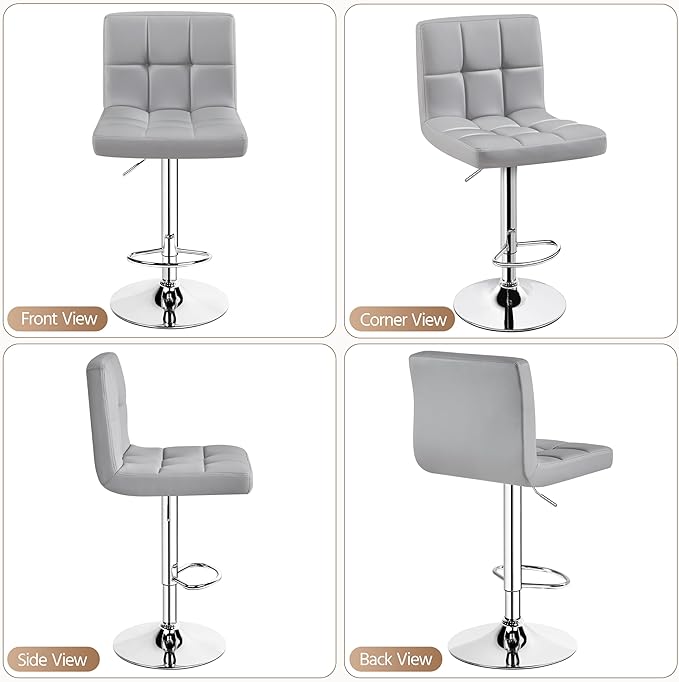 Yaheetech Bar Stools Set of 2, PU Leather Adjustable Barstools, Modern Counter Stools with Back and Footrest, Counter Height Barstools for Bar, Kitchen, Dining Room, Light Gray