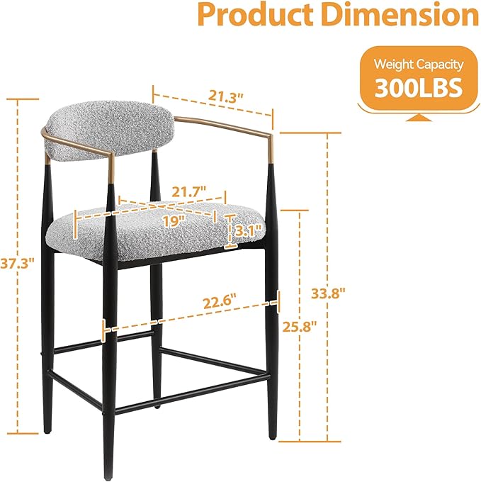 Morden Fort Counter Height Bar Stools Set of 4, Modern Upholstered Counter Stools with Gold Arms and Backs, 26" Island Chairs for Kitchen and Home Bar