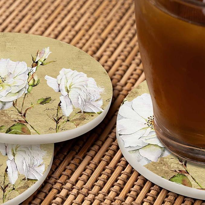 Vintage Roses Floral Coaster Old French Book Design Retro Romantic Flowers Bouquet Tabletop Protection for Any Table Type Wood, Granite, Glass, Soapstone, Sandstone, Marble, Stone Tables