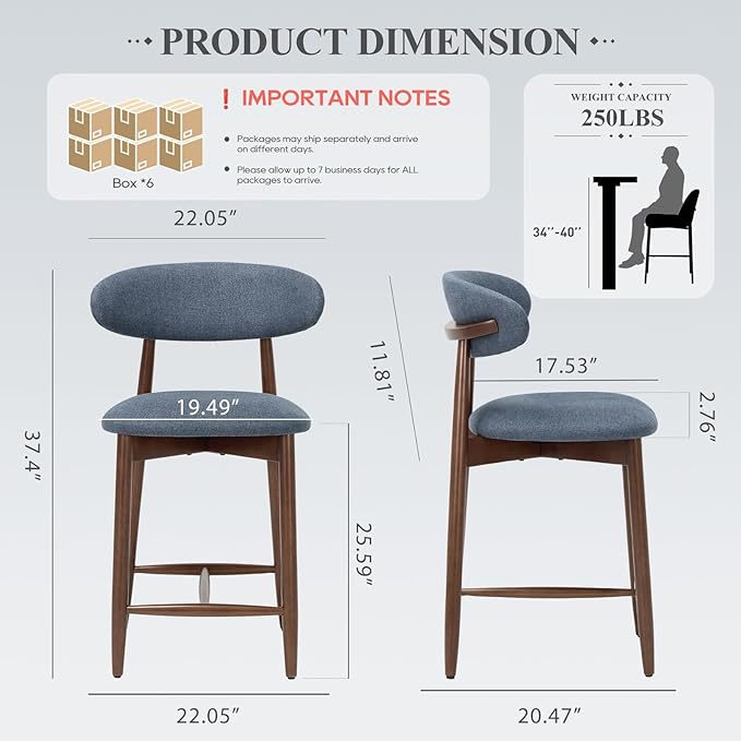 COLAMY Upholstered Counter Height Bar Stools Set of 6, Kitchen Island Stools with Back, Modern Counter Stools Island Bar Chairs with Wood Legs for Kitchen Island Dining Room Bar, Blue