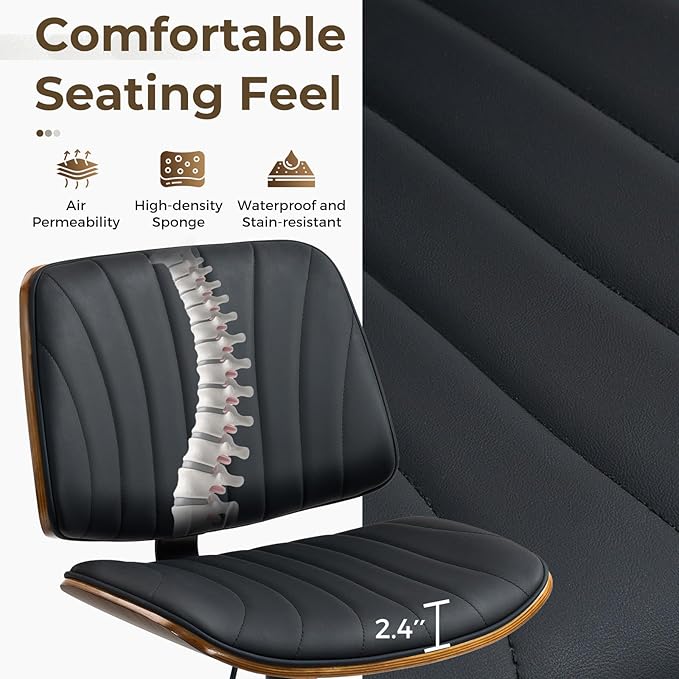 ECOTOUGE Swivel Bar Stools Set of 2, Adjustable Bentwood Barstools, Modern PU Leather Upholstered Bar Chair with Back and Footrest, for Bar, Kitchen Counter, Dining Room, Black