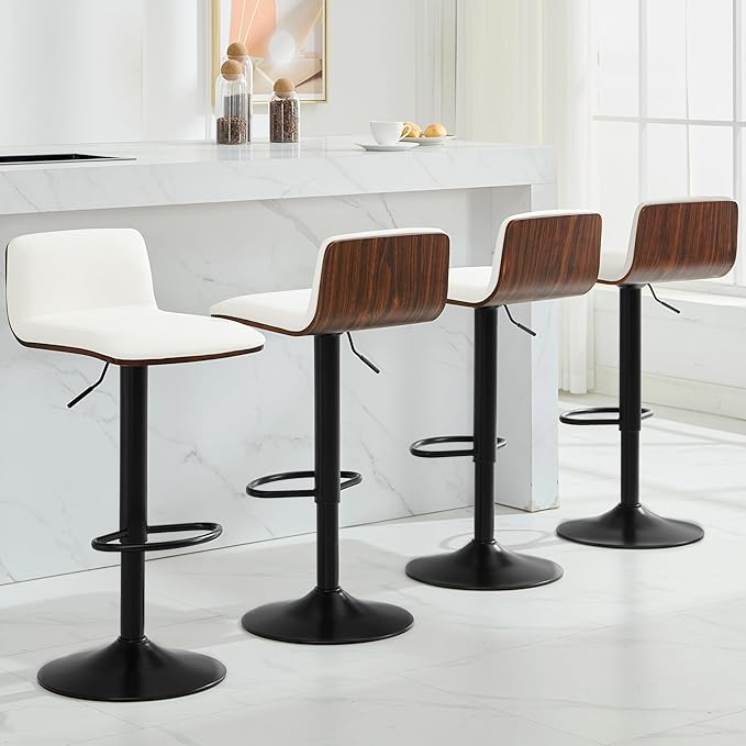 Set of 2 Swivel Bar Stools Adjustable Height, Faux Leather Barstools with Wooden Back and Footrest, Counter Height Bar Height Chairs for Kitchen Island, Dining Room, White