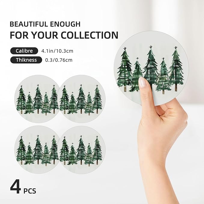 Christmas Xmas Tree Coasters for Drinks Absorbent Ceramic Coaster Set of 4 for Coffee Table Cup Bar Coasters with Cork Base Round Stone Mats Holiday Housewarming New Home Decors