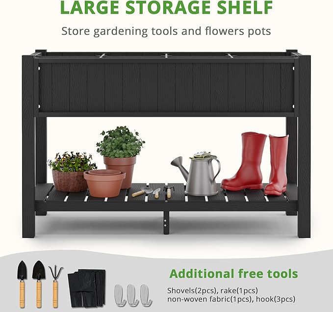 LUE BONA Elevated Planter Box with Legs and Shelf, 47 * 21 * 30in, 8 DIY Pocket HDPS Raised Garden Bed with Tools, 3-Year Warranty, No Crack, Large Outdoor Herb Raised Beds for Gardening Vegetables