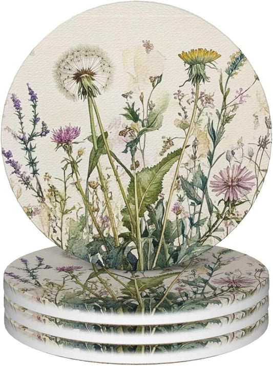 Antique Herbs and Wild Flowers Coasters for Drinks Summer Plants Absorbent Ceramic Coaster Set of 4 for Coffee Table Cup Bar Desk Round Coasters Mat with Cork Base Seasonal Home Decors