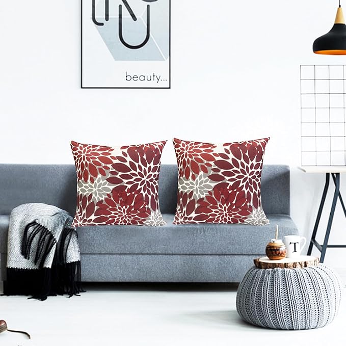 Decorative Throw Pillow Covers Set of 2 Wine Red Pillow Covers 20x20 Inch Couch Pillow Covers for Sofa Living Room Outdoor Throw Pillow Cover Linen Floral Flower Farmhouse Pillowcase