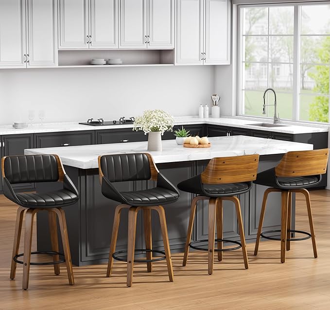 Bar Stools Set of 2, 26" Swivel Counter Height Barstools with Walnut Bentwood Back and Legs, Mid-Century Modern Faux Leather Upholstered Bar Chairs with footrest for Bar, Kitchen Island, café, Black