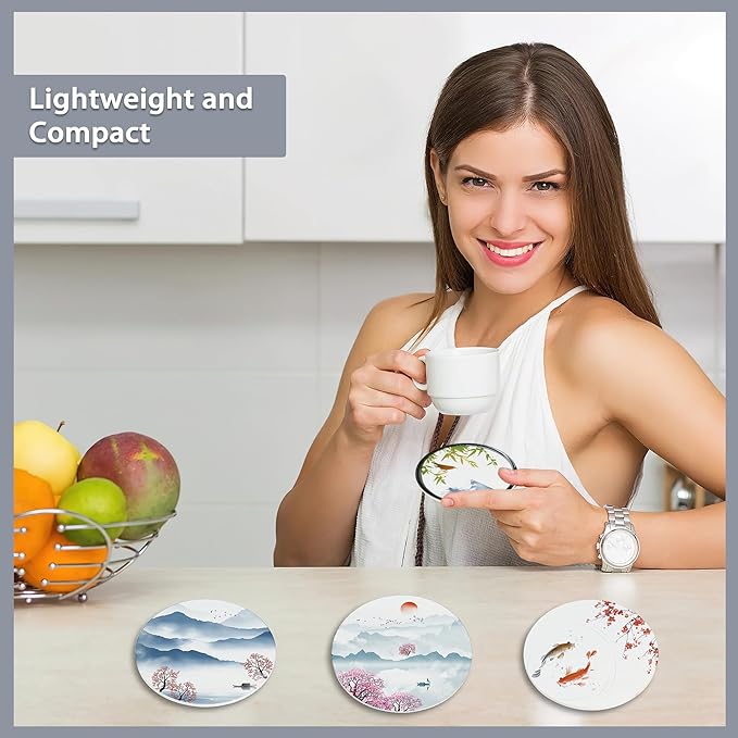 Drink Coasters Set of 6 with Holder,Japanese Cherry Blossom and Fujiyama Mountain Absorbent Ceramic Coasters with Cork Base,Fit All Cups,Tabletop Protection Mat for Mugs and Cups,Office,Kitchen