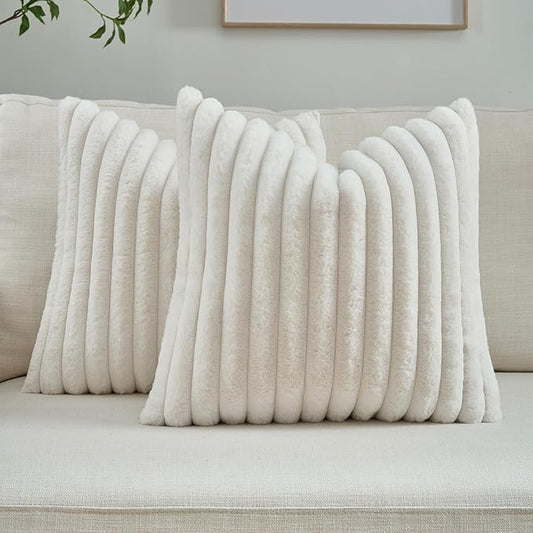 FUTEI Cream White Striped Decorative Throw Pillow Covers 18x18 Inch Set of 2,Square Fall Decorations Couch Pillow Case,Soft Cozy Faux Rabbit Fur & Velvet Back,Modern Home Decor for Bed