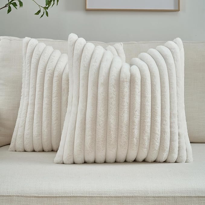 FUTEI Cream White Striped Decorative Throw Pillow Covers 16x16 Inch Set of 2,Square Fall Decorations Couch Pillow Case,Soft Cozy Faux Rabbit Fur & Velvet Back,Modern Home Decor for Bed