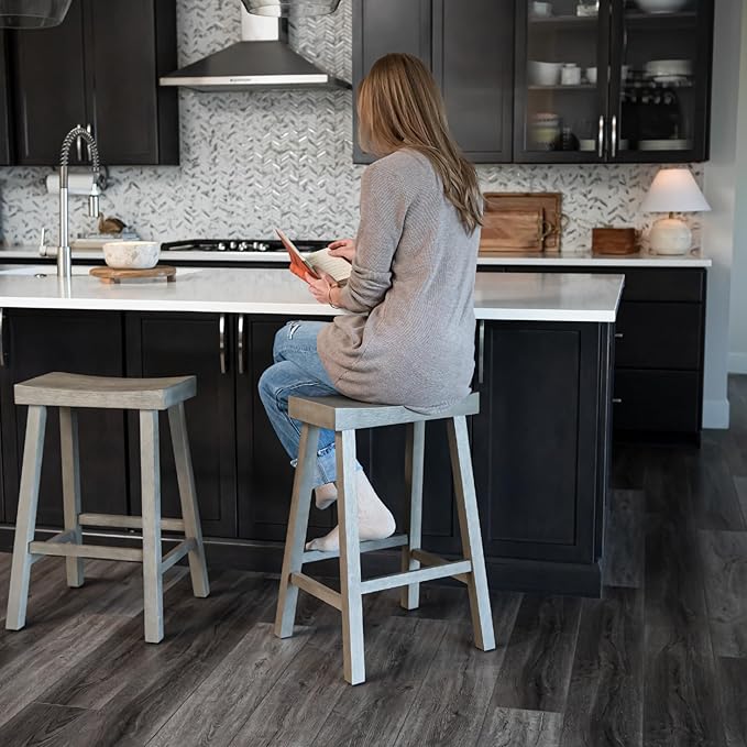 Maven Lane Kitchen Bar Stool, Modern Farmhouse Wood Counter Barstool, Kitchen Island Stool, Counter Height Bar Stools for Kitchen, Wide Seat Backless Bar Stools, Vincent 26", Antiqued Grey, Set of 4