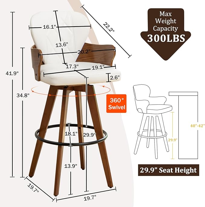 30” Swivel Bar Stools Set of 2,White Faux Leather Bar Height Stools with Armrest and Fishtail-Shaped Back,Mid Century Modern High Barstools,Walnut Bar Chair for Kitchen Island or Home Bar