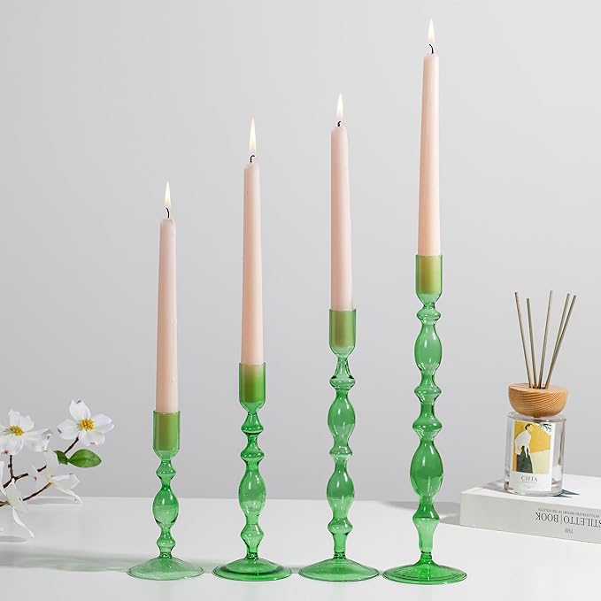 Glasseam Green Glass Candle Holder: Tapered Candlestick Holders Set of 4 Modern Candle Stick Holders for Taper Candlesticks Tall Decorative Candle Holders for Centerpiece Dining Table Christmas Party