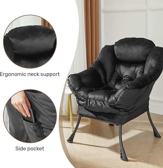 HollyHOME Fabric Large Lazy Chair for Living Room Chair Accent Reading Chair Cozy Lounge Chair with Armrest Leisure Sofa Chair for Bedroom, Dorm, Black