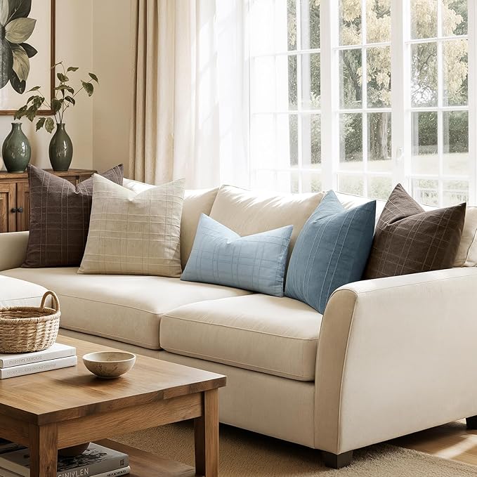 MIULEE Decorative Linen Check Lumar Throw Pillow Covers Neutral Farmhouse Vintage Pillow Covers 12x20 Set of 2 Boho Modern Home Decor for Sofa Couch Bedroom Cushion Coastal Blue