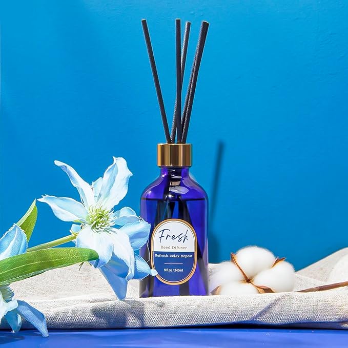 Reed Diffusers Set, 8 Oz Fresh Scented Diffuser, 6 Reed Diffuser Sticks, Home Fragrance Aromatherapy Oil Diffuser Reeds, Blue Bathroom & Office Decor 240 ml