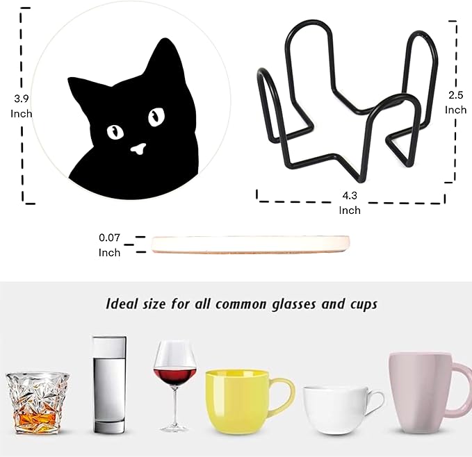 Black Cat Coasters Set of 6 with Holder - Ceramic Drink Coasters & Wall Art, Cute Home Decor for Cat Lovers, Kitchen, Living Room, Coffee Bar - Housewarming Gifts
