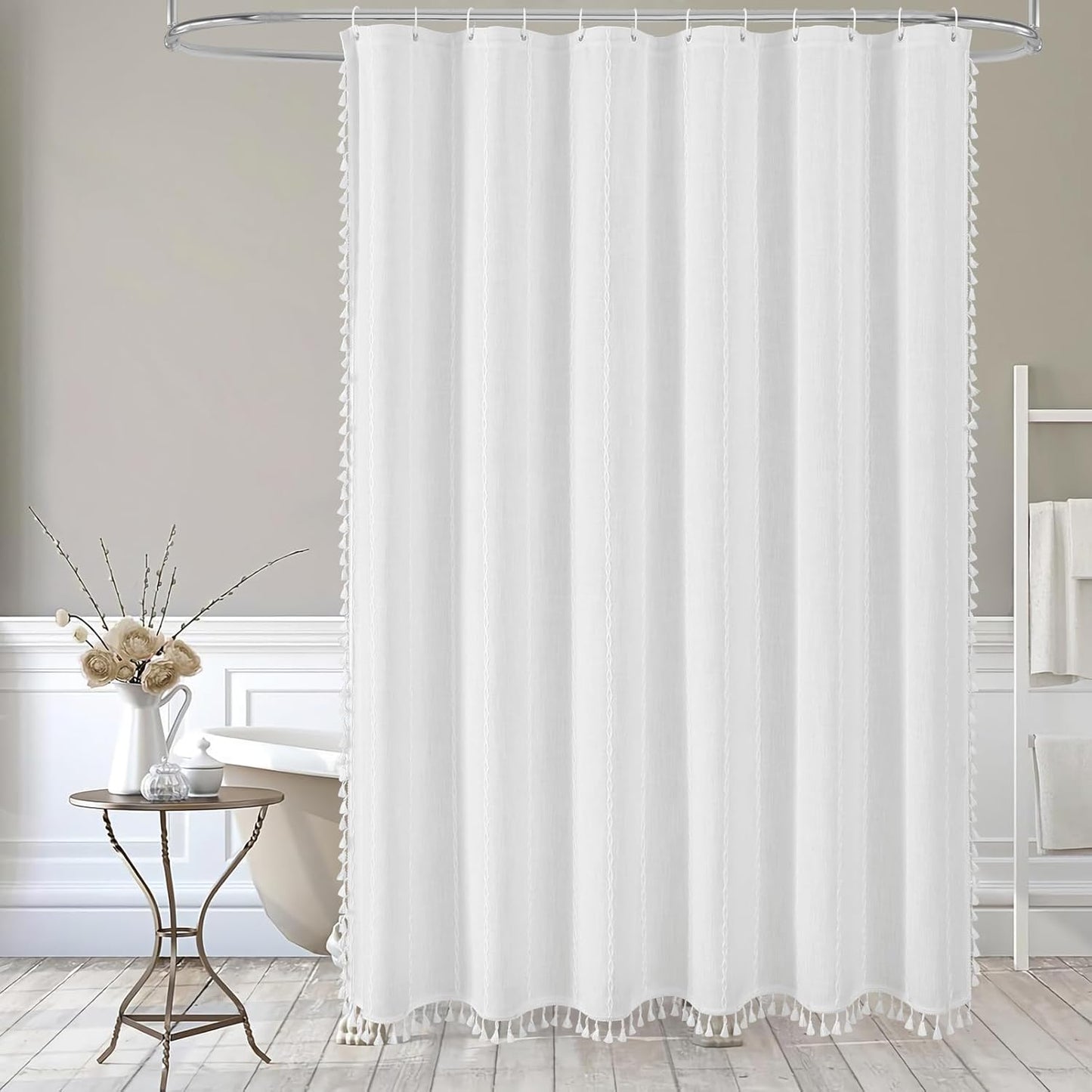 MitoVilla Modern Farmhouse Shower Curtain Set 72 x 78, Boho 78 inch Long Polyester Linen Tassel Fabric Shower Curtain Set for Chic Cottagecore French Rustic Bathroom Decor, White