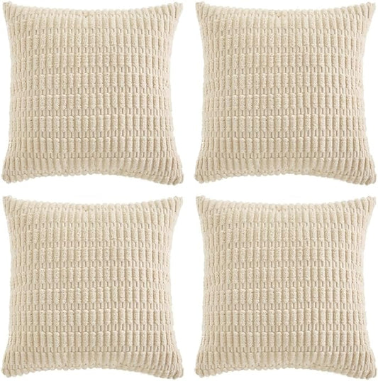 Fancy Homi 4 Packs Boho Cream Decorative Throw Pillow Covers 14x14 Inch for Living Room Couch Bed Sofa, Rustic Modern Farmhouse Home Decor, Soft Plush Corduroy Beige Cute Square Cushion Case 35x35 cm