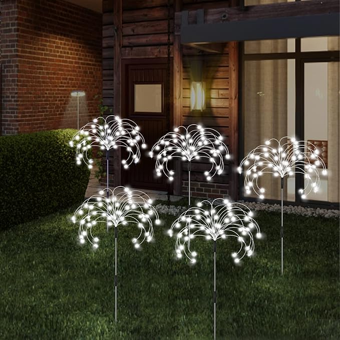 Solar Garden Lights Outdoor Fireworks - 5 Pack Decorative Solar Lamps with 8 Modes Remote for Lawn Backyard Patio Pathway (Cool White)