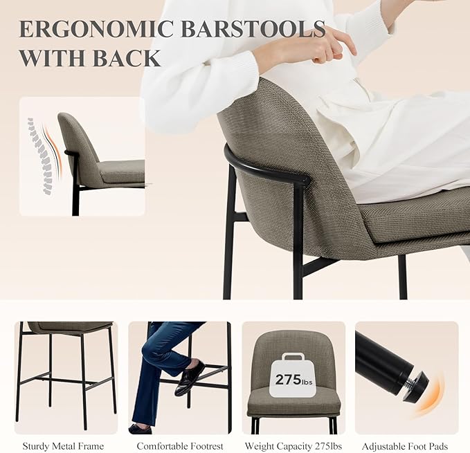 COLAMY Counter Height Bar Stools Set of 6, 25 Inch Modern Fabric Kitchen Island Stools with Back, Upholstered Counter Barstools Armless Bar Chairs with Metal Legs for Island Dining Room Bar,Brown