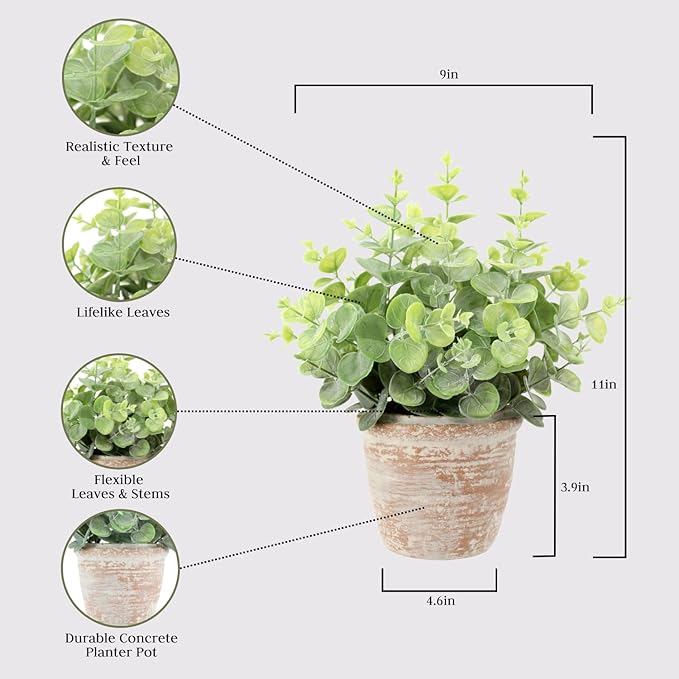 Faux Eucalyptus & Citrus Topiary, Set-of-2 Premium Artificial Indoor Plants, Enhances Interior Design, Lifelike-Leaves Create Realistic Natural Appearance, Grey Planter Pot Included