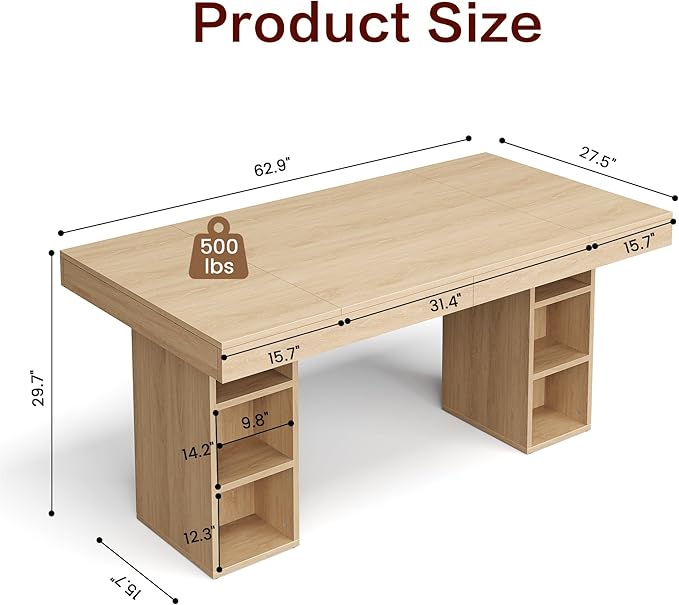 GarveeHome 63-Inch Rectangular Dining Table with Storage, Large Dining Table for 6 w/Large Tabletop & Sturdy Frame, Wooden Kitchen Table with Double Pedestal, for Dining Room, Office, Oak