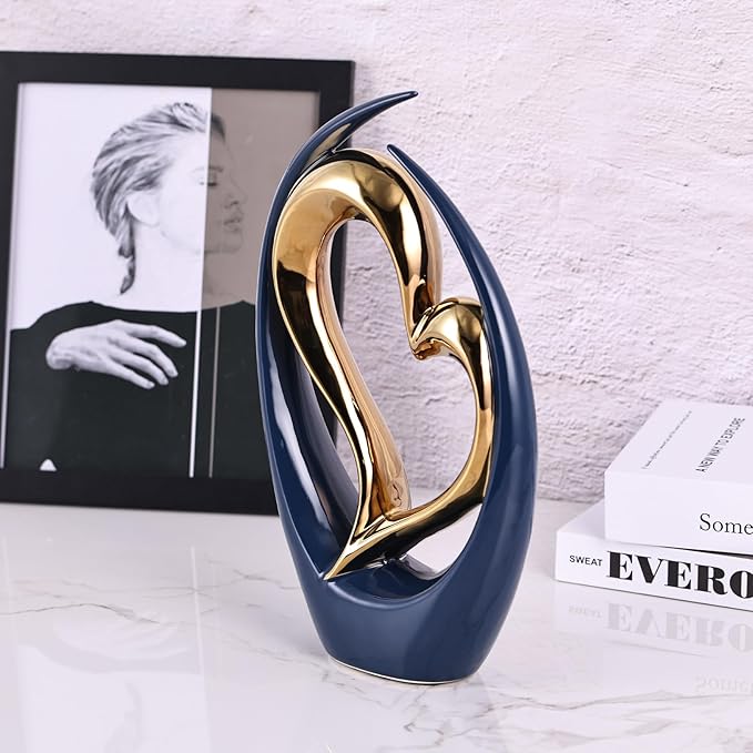 Ceramic Heart Decor Love Statue, Navy Blue Gold Double Hearts Sculptures for Home Table Centerpiece Decor, Valentine, Wedding, Decorative Items for Shelves, Coffee Table Decor (Hug Heart-Tall)
