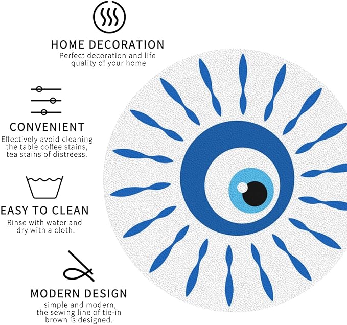 Greek Evil Eye Devil Eyes Coasters Set of 6 Coasters for Drinks Absorbent Double-Sided Leather PVC Coaster for Tabletop Protection Coffee Table Decor Ideal for Home Decor House Warming Gifts