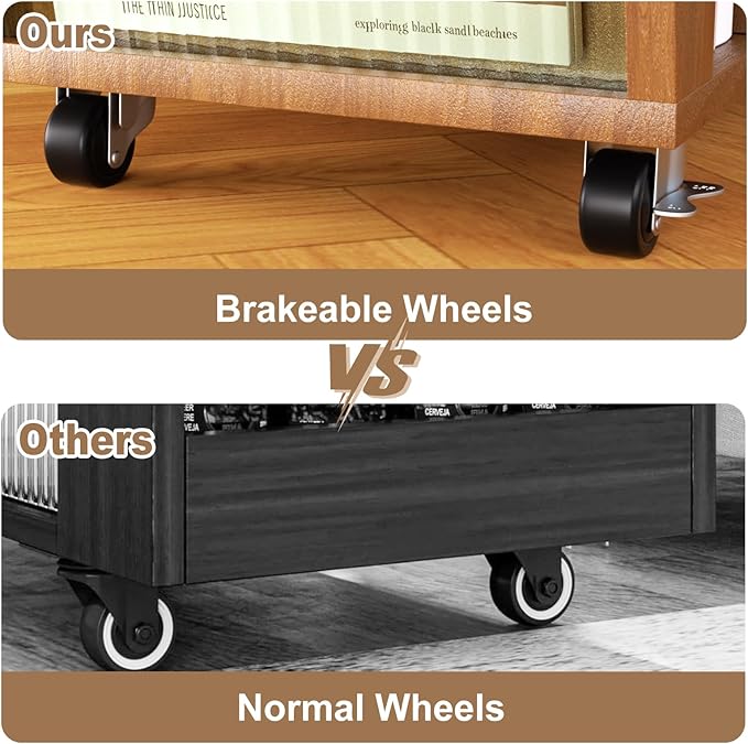 Movable End Table with Brakeable Wheels, Sofa Side Table with Magazine Holder, Removable Layer Board & Storage Compartments - Nightstand, Narrow Side Table, Bedside Table, Living Room, Bedroom (Brown)