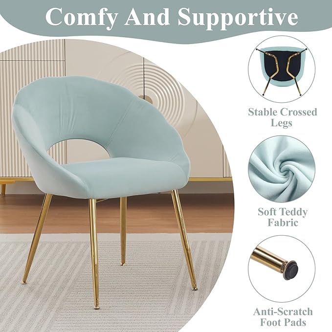 Modern Small Accent Chair Set of 4, Comfy Velvet Vanity Chair with Shell Back & Golden Metal Legs, Decorative Dining Chair no Wheels for Living Room, Makeup Room, Bedroom, Green