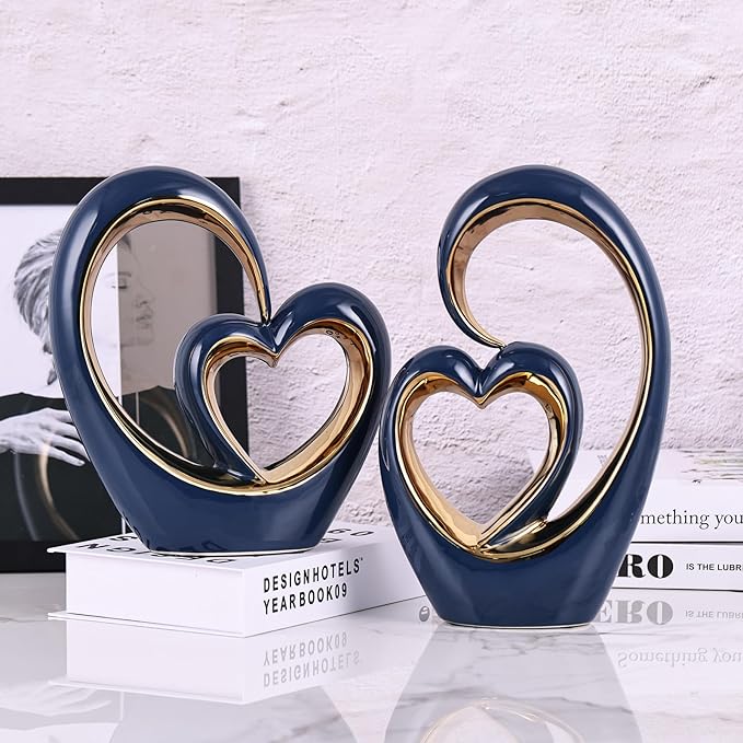 Ceramic Heart Decor Love Statue, Navy Blue Gold Double Hearts Sculptures for Home Table Centerpiece Decor, Valentine, Wedding, Decorative Items for Shelves, Coffee Table Decor (S Heart -Tall)