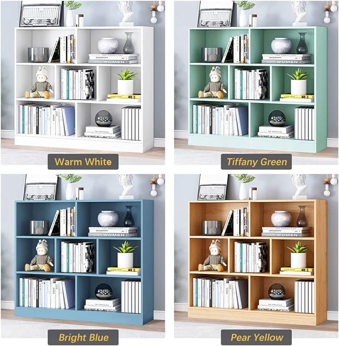 IOTXY Open Shelf Low Bookcase - Wooden 3-Tier Floor Standing Display Cabinet Organizer with Base, 7 Cubes Short Horizontal Bookshelf in Pear Yellow