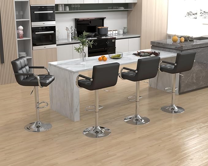 Modern PU Leather Bar Stools Set of 4, Adjustable Swivel Square Bar Chairs, Counter Height Barstools with Arms and Large Base for Island/Kitchen(Black)