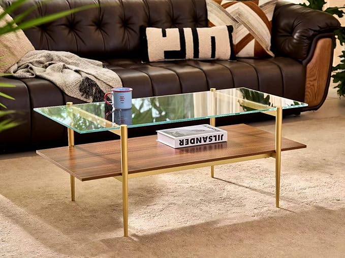 Shrine Rectangle Coffee Table, Mid-Century Modern Design, 2-Tier Structure, Clear Glass Top and Walnut MDF Shelf, 41" D x 21" W x 17" H, Sleek Conical Metal Legs with Gold Finish
