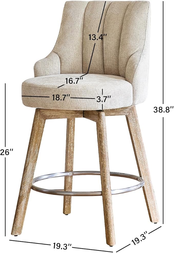 IWOOD Counter Height Bar Stools,Swivel Bar Stools with Backs,Barstools Set of 2,26'' Solid Wood Legs,Thick Seat Upholstered Linen Fabric Counter Height Stools in Sand