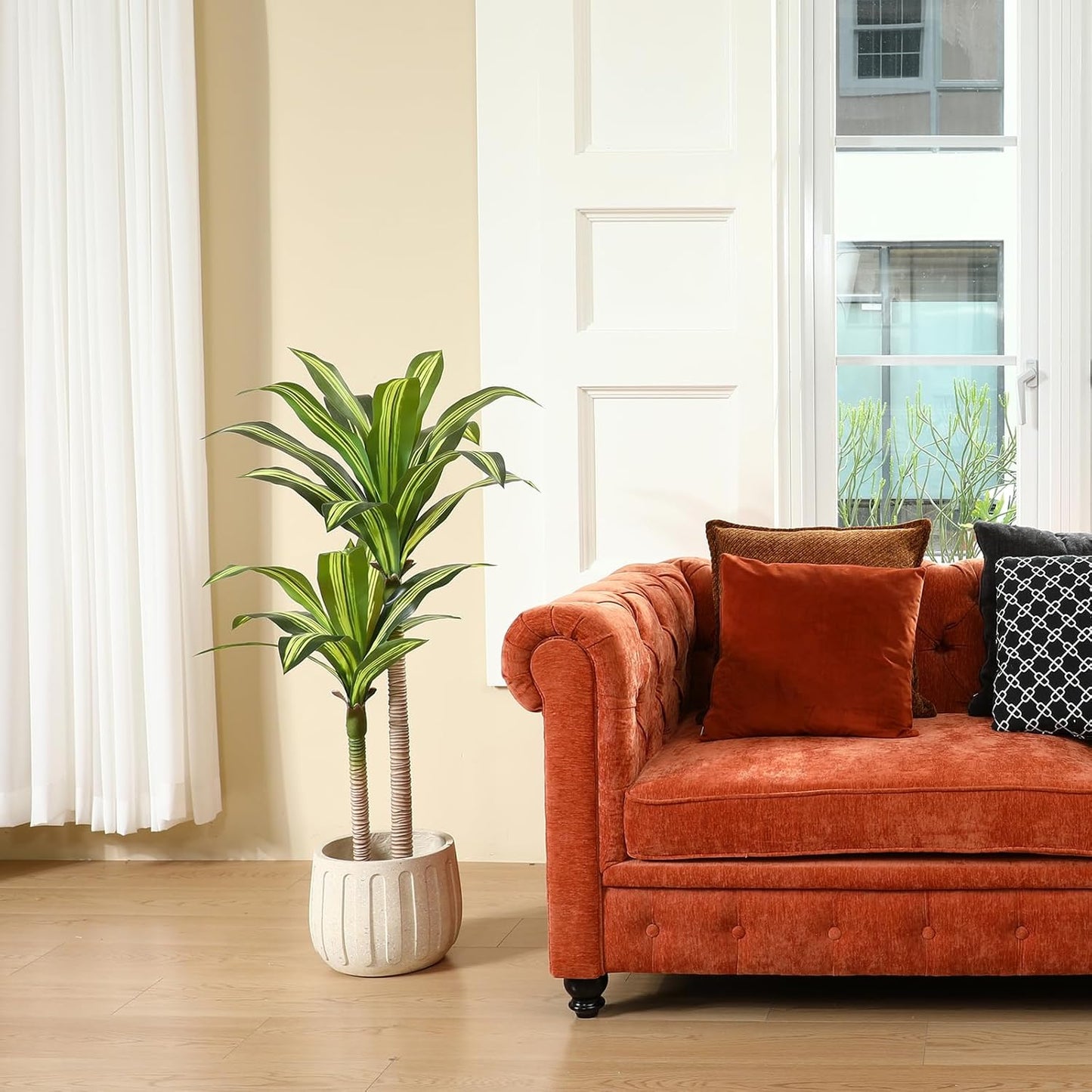 Artificial Plants, 4 Ft Dracaena Tree Faux Plants Indoor Outdoor Decor Fake Tree with Woven Seagrass Basket Plants for Home Decor Office Living Room Porch Patio Housewarming