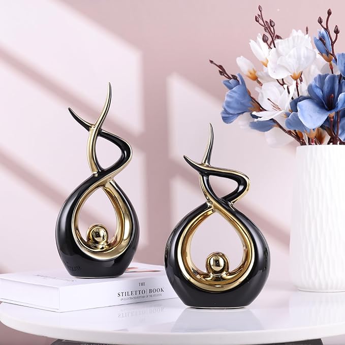 Gold Black Modern Sculpture Table Decorations, Ceramic Knick Knacks Statues for Living Room Decor, Tv Stand and Desk Decor, Suitable for Coffee Tables and Shelf Decorations, Great Gift Idea