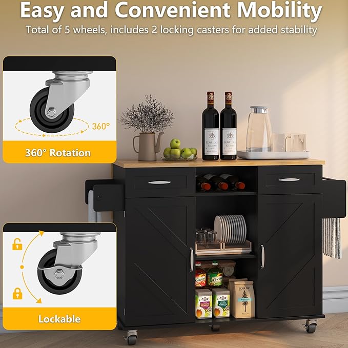 51.5'' Rolling Kitchen Island with Storage Cabinet & Drawers, Drop Leaf Kitchen Cart on Wheels, Farmhouse Portable Mobile Islands, Large Butcher Block Table with Tower/Spice Rack, Black