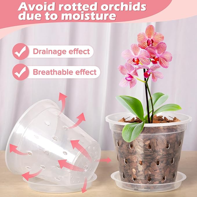 Orchid Pot, 6 Pack 5 Inch Clear Orchid Pots with Holes and Saucers for Repotting, Breathable Slotted Plastic Orchid Planters with Drainage for Root Health Indoor Outdoor (5 Inch)