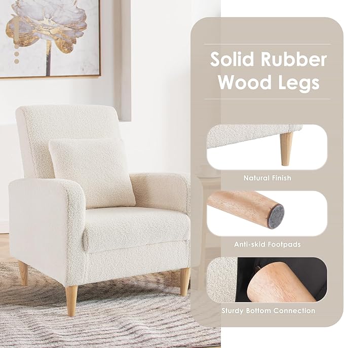 COLAMY Sherpa Upholstered Accent Chair Armchair with Pillow, Fabric Reading Living Room Side Chair,Single Sofa with Lounge Seat and Wood Legs, Cream