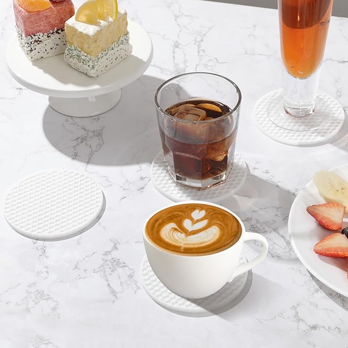 Silicone Coaster Set of 12 with Holder, Drinks Coasters, Beer & Coffee, Suitable for All Cups, Hot or Cold, Anti-Slip, Non-Stick, Anti-Overflow Tabletop Protection and Decor (12 Pcs, White)