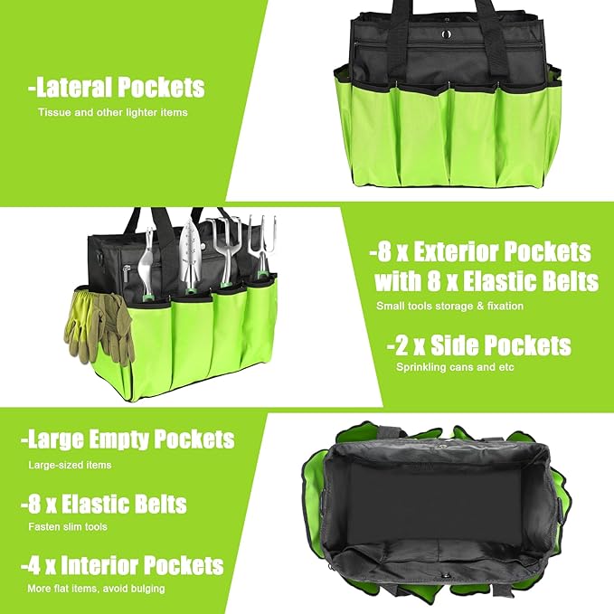KUNLUN Gardening Tote Bag, Garden Tool Bag with 14 Pockets & Elastic Belt, Heavy Duty Standable Garden Tote Storage Bag with Long Adjustable Shoulder Strap for Indoor and Outdoor Use