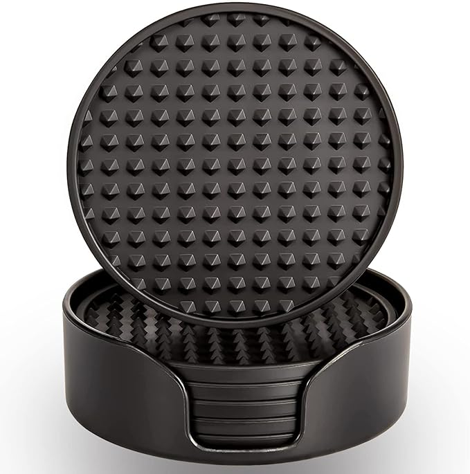 Coasters for Drinks 6 Pcs Drink Plastic Coaster with Holder,Heat Resistant Silicone Cup Mat Tabletop Protection,Non-Slip Rubber Coasters for Kinds of Cups (Black)
