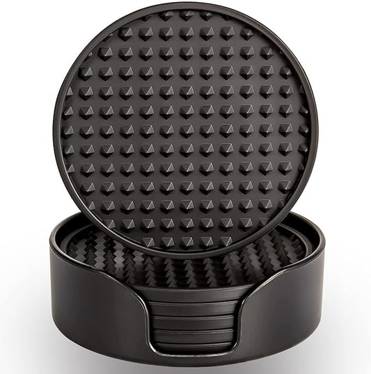 Coasters for Drinks 6 Pcs Drink Plastic Coaster with Holder,Heat Resistant Silicone Cup Mat Tabletop Protection,Non-Slip Rubber Coasters for Kinds of Cups (Black)