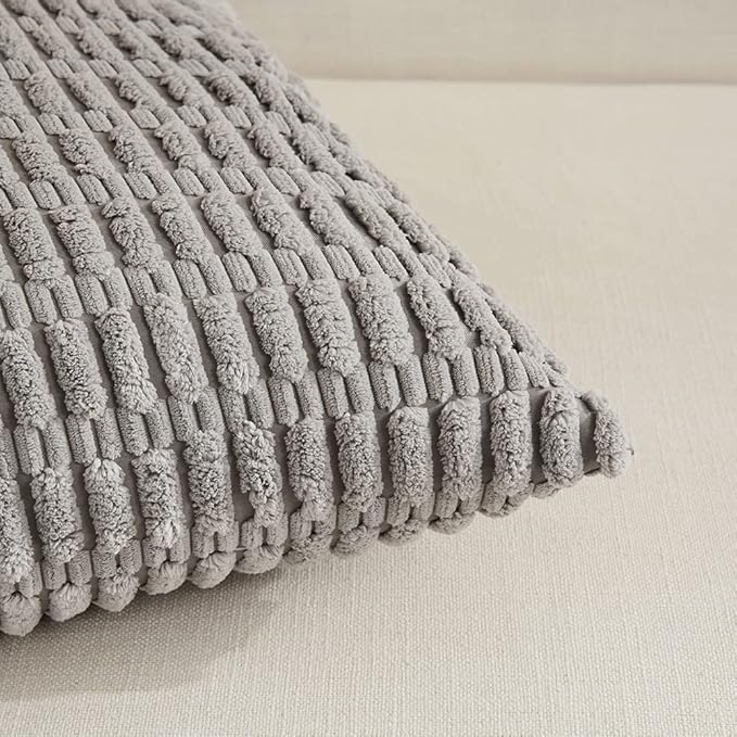 Fancy Homi 2 Packs Gray Farmhouse Decorative Throw Pillow Covers 14x14 Inch for Living Room Couch Bed Sofa, Rustic Boho Home Decor, Soft Striped Corduroy Square Cushion Case 35x35 cm